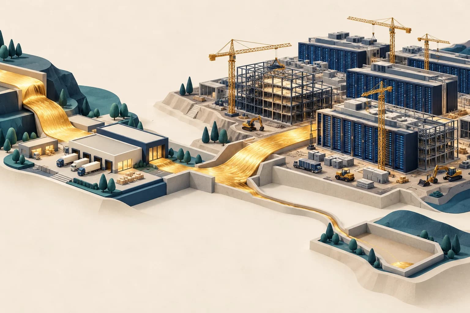 A golden stream passes through a business and branches toward data centers under construction, leaving a thin stream for a small basin.