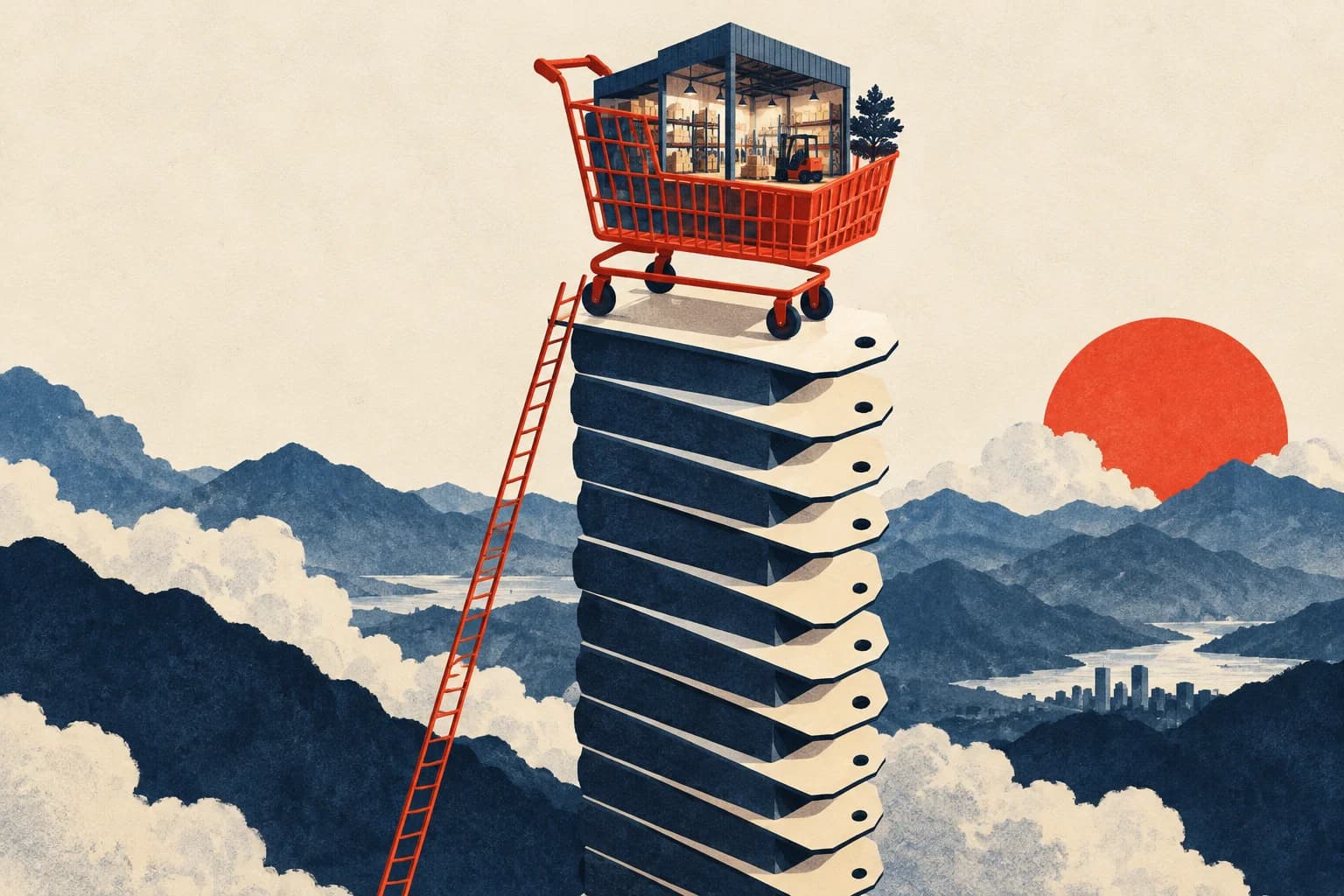 A shopping cart holding a miniature warehouse balances on a tall stack of blank price tags.