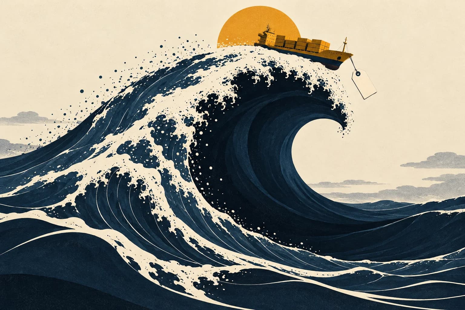 An ochre cargo ship carrying a blank price tag rides the crest of a towering navy wave.