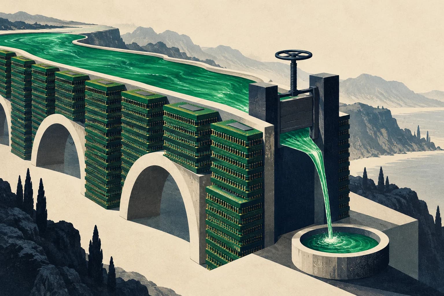 An emerald river crosses an aqueduct made of computer chips and narrows through a gate before reaching a basin.