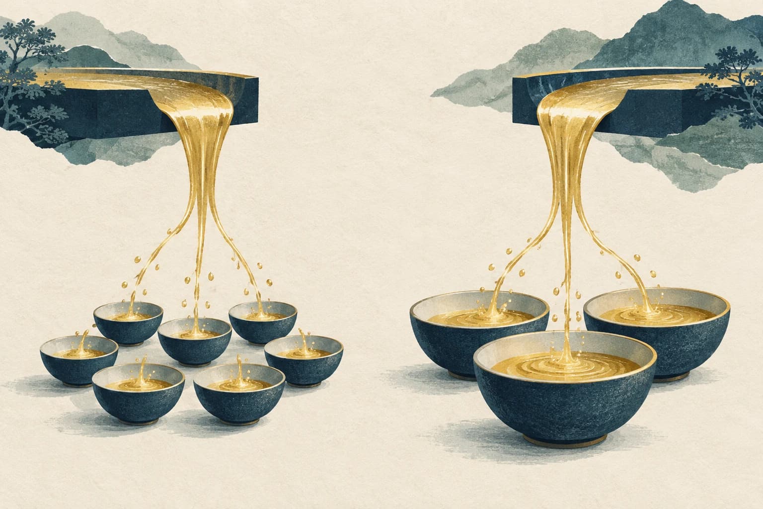 Two golden streams flow into rows of bowls, with fewer larger bowls illustrating a greater share of the same stream.