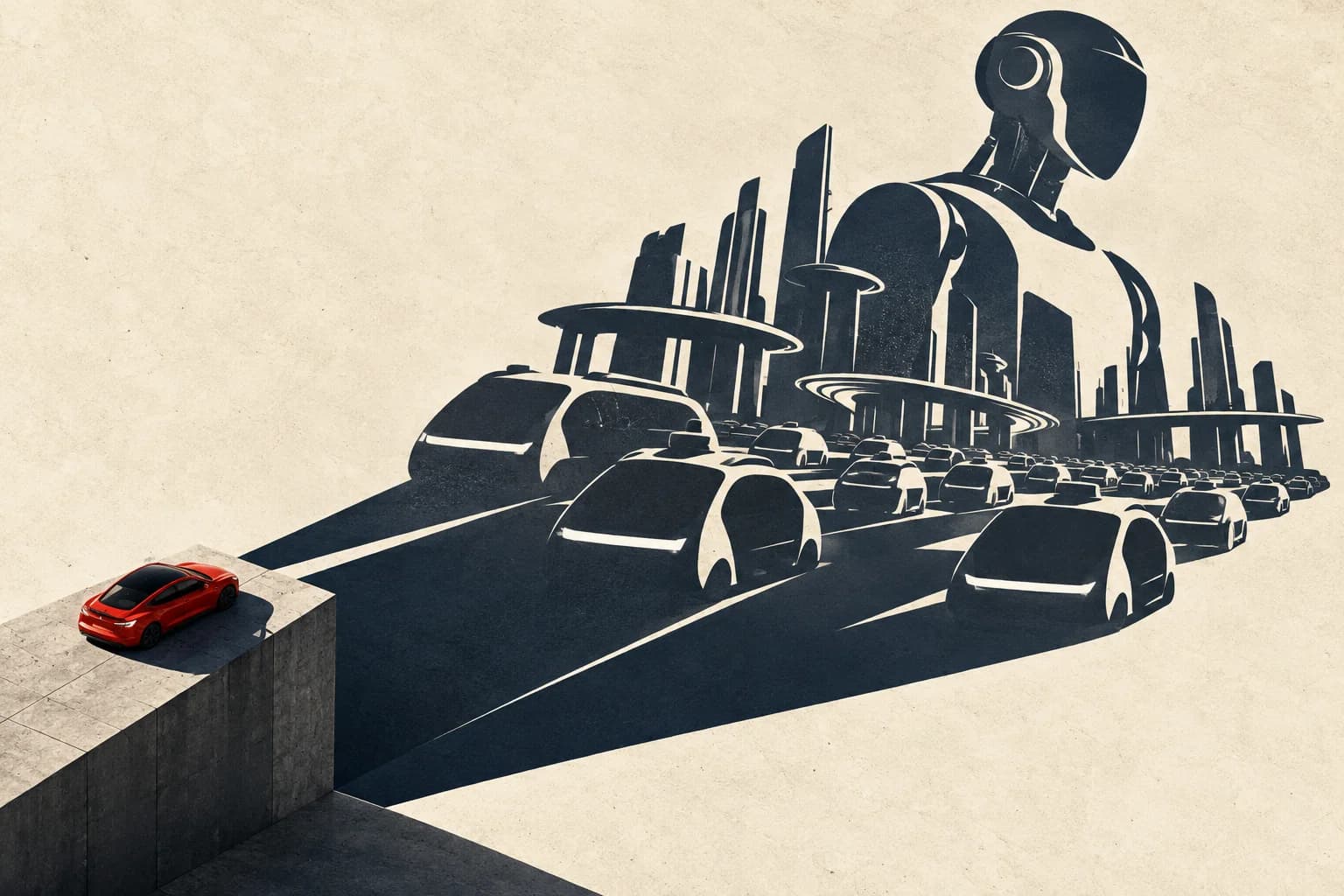 A small red electric car casts an enormous shadow of a robot and a fleet of autonomous vehicles.